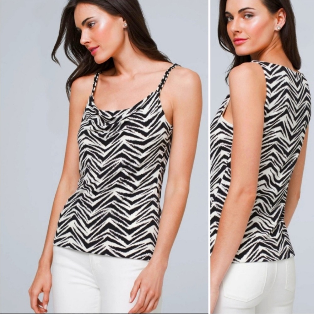 Zebra Print Draped Cowl Neck Camisole Tank Blouse Top Black White Animal XS New